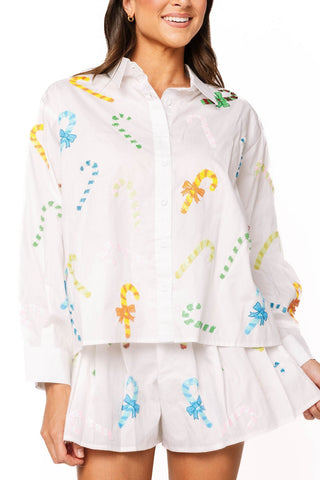 QOS White Cotton Multi Candy Cane Button Up Top - Boutique Bella BellaQueen of Sparkles