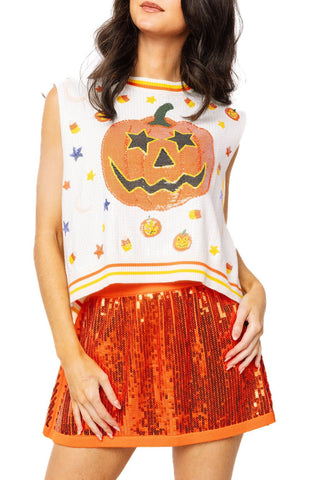 QOS White Full Sequin Pumpkin & Small Icon Vest - Boutique Bella BellaQueen of Sparkles