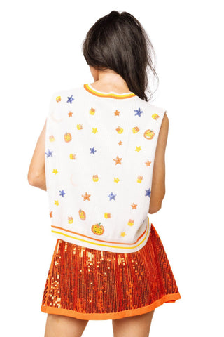 QOS White Full Sequin Pumpkin & Small Icon Vest - Boutique Bella BellaQueen of Sparkles