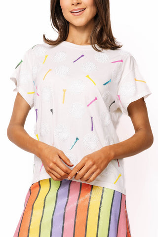 QOS White Golf Ball & Multi Golf Tee T-Shirt - Boutique Bella BellaQueen of Sparkles