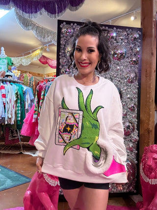 QOS White & Green Hand Holding QOS Card Sweatshirt - Boutique Bella BellaQueen of Sparkles