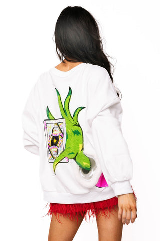 QOS White & Green Hand Holding QOS Card Sweatshirt - Boutique Bella BellaQueen of Sparkles