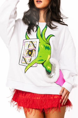 QOS White & Green Hand Holding QOS Card Sweatshirt - Boutique Bella BellaQueen of Sparkles