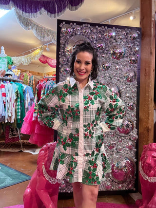 QOS White & Green Plaid Holly Button Up Ruffle Dress - Boutique Bella BellaQueen of Sparkles