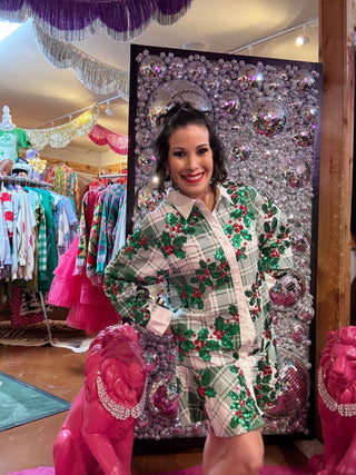 QOS White & Green Plaid Holly Button Up Ruffle Dress - Boutique Bella BellaQueen of Sparkles
