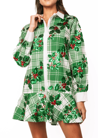 QOS White & Green Plaid Holly Button Up Ruffle Dress - Boutique Bella BellaQueen of Sparkles