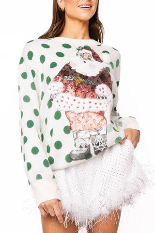 QOS White & Green Polka Dot Sequin Santa Sweater - Boutique Bella BellaQueen of Sparkles