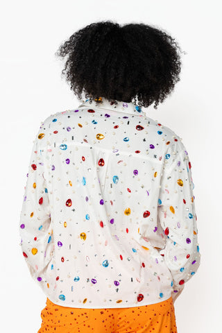 QOS White Jewel & Pearl Button Up Top - Boutique Bella BellaTops