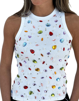 QOS White Jewel & Pearl Tank - Boutique Bella BellaQueen of Sparkles