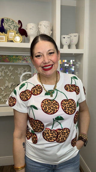 QOS White Leopard Print Cherry Tee - Boutique Bella Bella