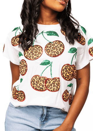 QOS White Leopard Print Cherry Tee - Boutique Bella Bella