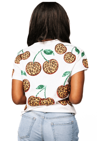 QOS White Leopard Print Cherry Tee - Boutique Bella Bella