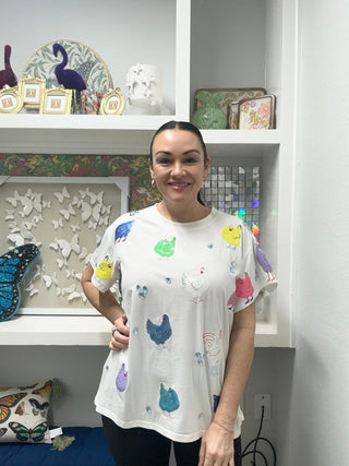QOS White Multi Chicken Tee - Boutique Bella BellaQueen of Sparkles