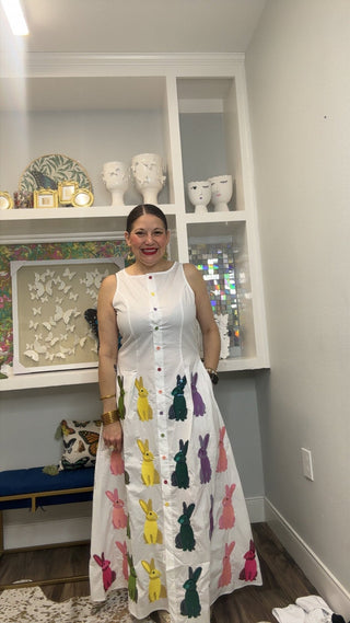 QOS White Multi Easter Bunny Button Up Cotton Midi Dress - Boutique Bella BellaQueen of Sparkles