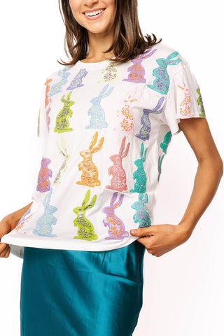 QOS White Multi Easter Bunny Tee - Boutique Bella BellaQueen of Sparkles