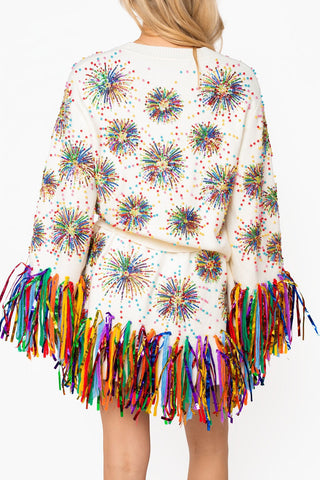 QOS White Multi Firework Fringe Cardigan - Boutique Bella BellaTops