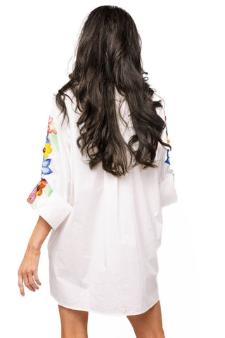 QOS White Multi Flower Button Up Collar Cotton Dress - Boutique Bella BellaDress