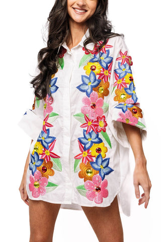 QOS White Multi Flower Button Up Collar Cotton Dress - Boutique Bella BellaDress