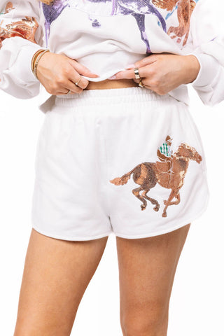 QOS White Multi Jockeys on Horses Short - Boutique Bella BellaQueen of Sparkles