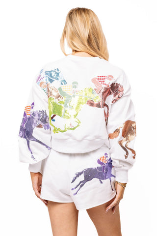 QOS White Multi Jockeys on Horses Sweatshirt - Boutique Bella BellaQueen of Sparkles