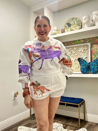 QOS White Multi Jockeys on Horses Sweatshirt - Boutique Bella BellaQueen of Sparkles