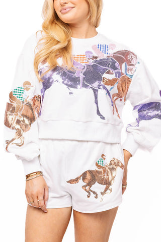 QOS White Multi Jockeys on Horses Sweatshirt - Boutique Bella BellaQueen of Sparkles