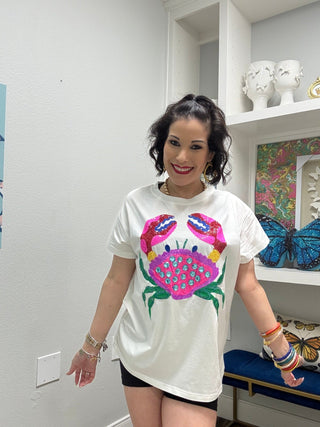 QOS White Multi Rainbow Crab Tee - Boutique Bella BellaTEE