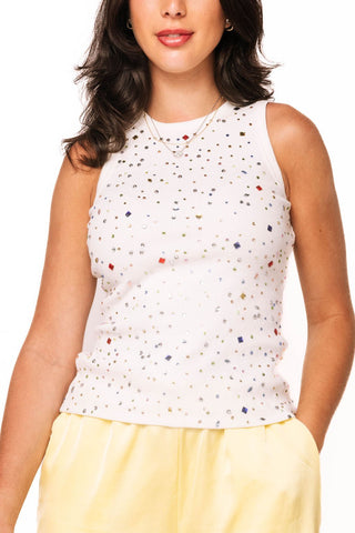 QOS White Multi Rhinestone Tank Top - Boutique Bella Bella