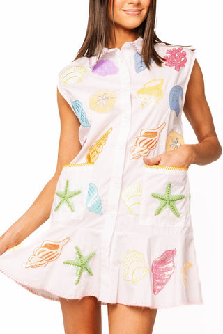 QOS White Multi Shell Cotton Button Up Tank Dress - Boutique Bella BellaDress