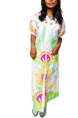 QOS White & Neon Paisley Print Button Up Cotton Midi Dress - Boutique Bella BellaDress