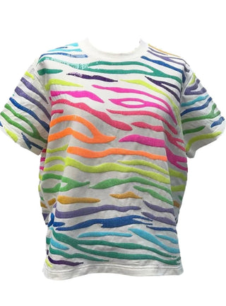 QOS - White & Neon Seed Bead & Sequin Tiger Striped Tee - Boutique Bella BellaQueen of Sparkles