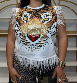 QOS White Oversized Tiger Feather Trim Tank - Boutique Bella BellaQueen of Sparkles