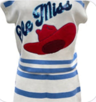 QOS - White, Powder Blue & Red Ole Miss Hat Stripe Short Sleeve Top - Boutique Bella BellaQueen of Sparkles