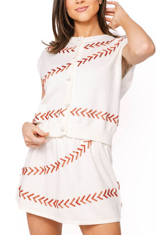 QOS White & Red Beaded Baseball Stitch Button Up Vest - Boutique Bella BellaQueen of Sparkles