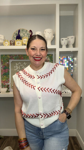 QOS White & Red Beaded Baseball Stitch Button Up Vest - Boutique Bella BellaQueen of Sparkles