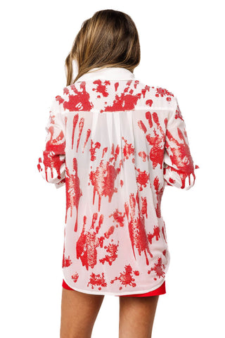 QOS White & Red Spooky Hands Button Up Top - Boutique Bella BellaQueen of Sparkles