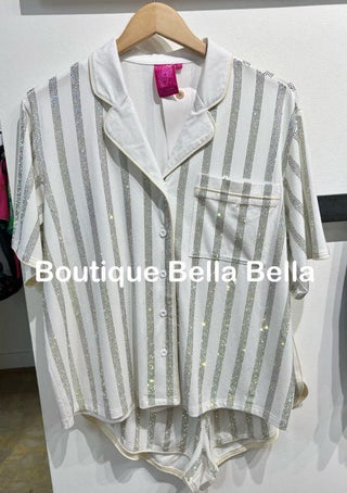 QOS-White Rhinestone Stripe Pajama Short Sleeve Top - Boutique Bella BellaQueen of Sparkles