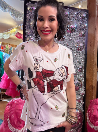 QOS White Santa in a Martini Glass Tee - Boutique Bella BellaQueen of Sparkles