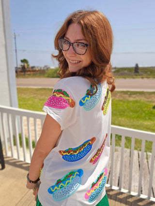 QOS-White Scattered Multi Color Hot Dog Tee - Boutique Bella BellaQueen of Sparkles