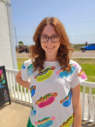 QOS-White Scattered Multi Color Hot Dog Tee - Boutique Bella BellaQueen of Sparkles