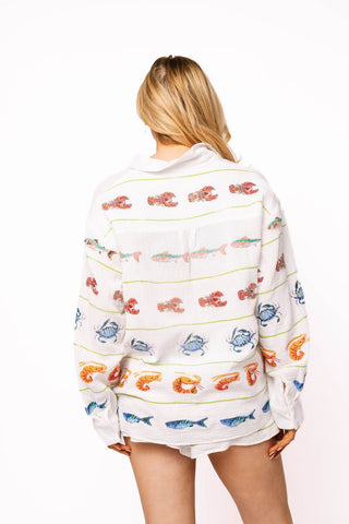 QOS White Striped Seafood Gauze Button Up Top - Boutique Bella BellaQueen of Sparkles