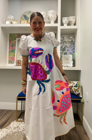 QOS White Tie Back Multi Crab Cotton Midi Dress - Boutique Bella Bella