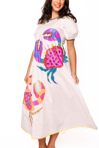 QOS White Tie Back Multi Crab Cotton Midi Dress - Boutique Bella Bella