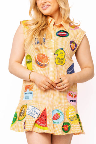 QOS Yellow Gingham Fruit Sticker Button Up Collar Tank Dress - Boutique Bella BellaQueen of Sparkles