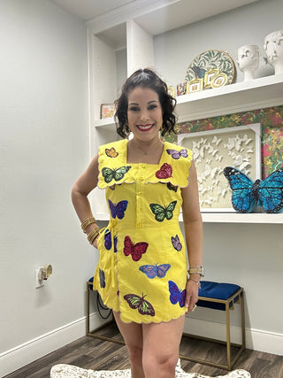 QOS Yellow Multi Butterfly Wrap Tie Romper - Boutique Bella BellaQueen of Sparkles