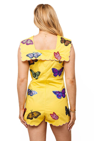 QOS Yellow Multi Butterfly Wrap Tie Romper - Boutique Bella BellaQueen of Sparkles