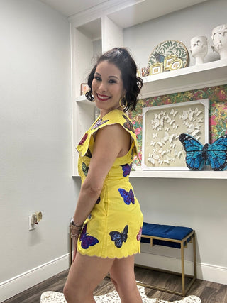 QOS Yellow Multi Butterfly Wrap Tie Romper - Boutique Bella BellaQueen of Sparkles