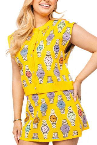 QOS Yellow Multi Watch Button Up Vest - Boutique Bella BellaQueen of Sparkles