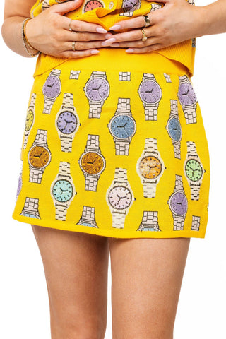 QOS Yellow Multi Watch Knit Skirt - Boutique Bella BellaQueen of Sparkles