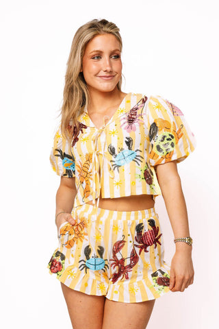 QOS Yellow Stripe Crab & Lobster Short - Boutique Bella BellaQueen of Sparkles